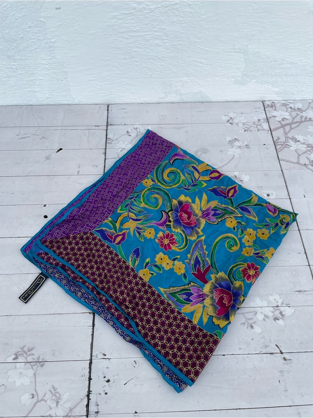 Oscar de la Renta Teal Floral Throw with Purple Border and Yellow Accents